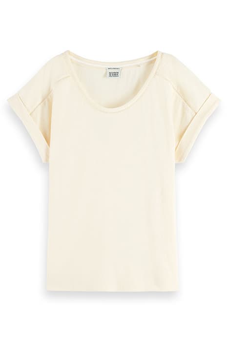 SCOOP NECK LADDER TAPE COTTON LYOCELL T-SHIRT ECRU by Scotch & Soda