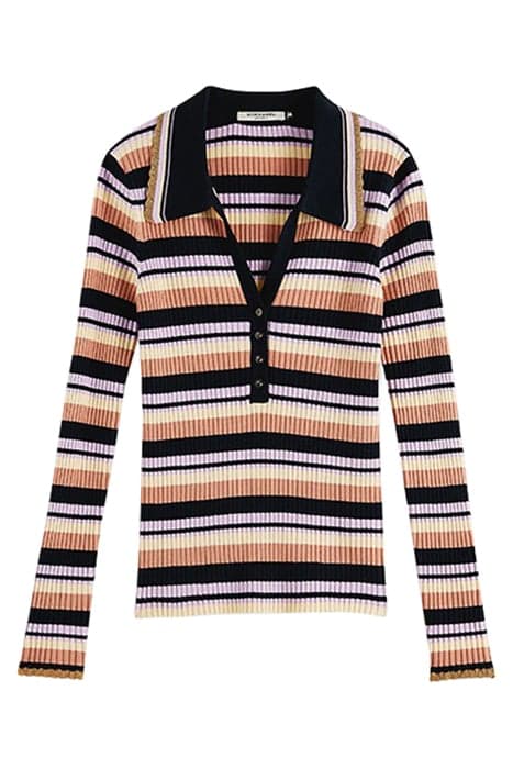 KNITTED STRIPED LONG SLEEVE POLO NAVY by Scotch & Soda