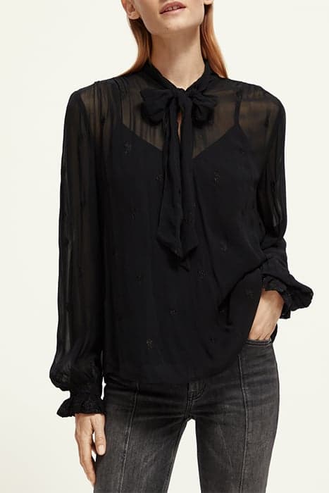 EMBROIDERED TOP WITH TIE NECK BLACK SHEER JACQUARD by Scotch & Soda