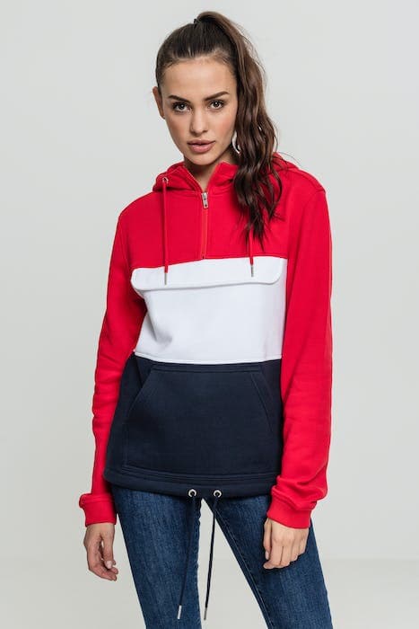 LADIES COLOR BLOCK SWEAT PULL OVER HOODY FIRERED/NAVY/WHITE by Urban Classics