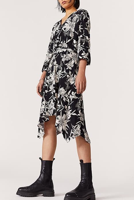 BLACK AND WHITE FLORAL PRINT CREPE MIDI-DRESS by IKKS