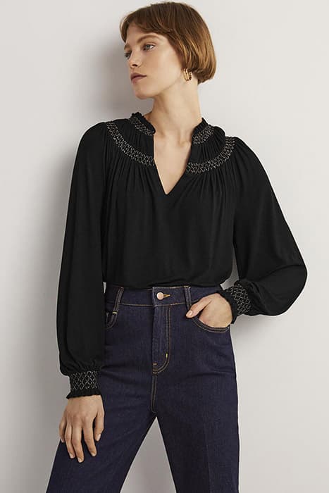 SMOCKED YOKE METALLIC TOP BLK by Boden