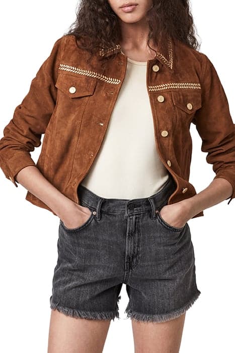 DELVY SUEDE TRUCKER WASHED SAND BROWN by AllSaints