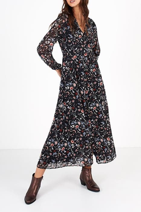 BLACK INDIAN FLOWER PRINT LONG DRESS by ICODE