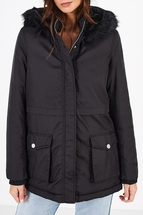 BLACK FUR-LINED HOODED PADDED JACKET by ICODE