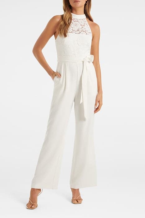 CLARA LACE HALTER JUMPSUIT PORCELAIN by Forever New