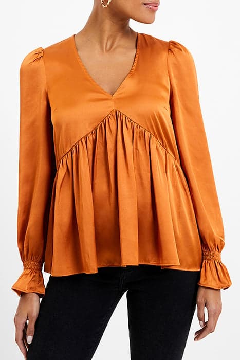 INU SATIN V-NECK EMPIRE TOP HONEY BRONZE by French Connection