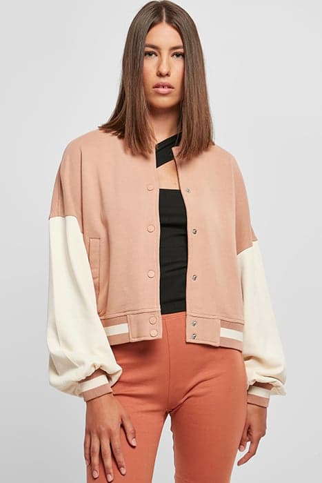 LADIES OVERSIZED 2 TONE COLLEGE TERRY JACKET AMBER/WHITESAND by Urban Classics