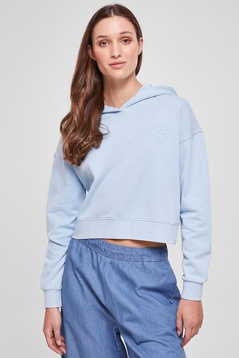 LADIES SHORT FLOWER EMBROIDERY TERRY HOODY BALTICBLUE by Urban Classics