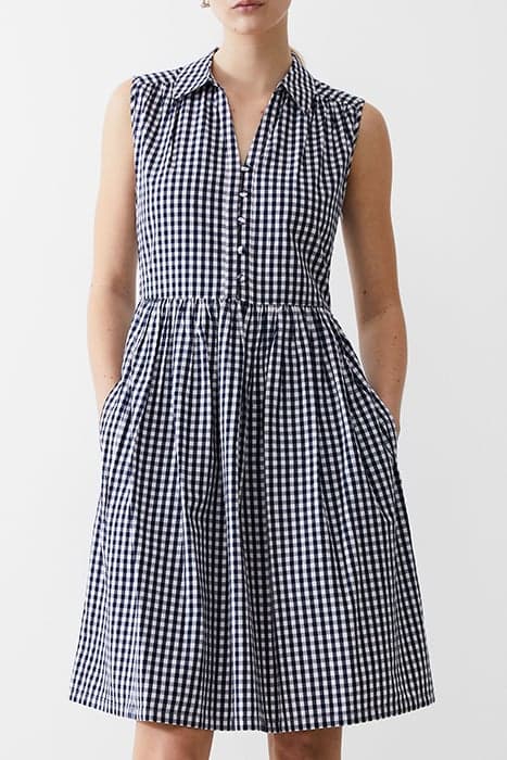 SLESS SMOCK GINGHAM DRESS KNEE DK NAVY/WHITE by French Connection