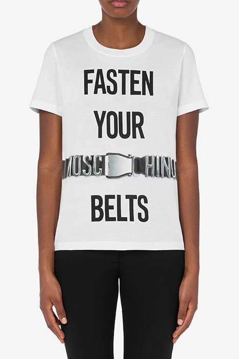 FASTEN YOUR BELTS ORGANIC JERSEY T-SHIRT WHITE by Moschino