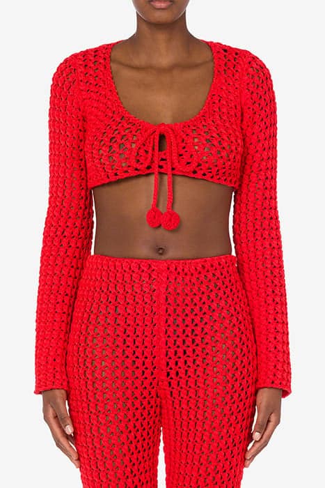 CROCHET EFFECT COTTON RIBBON CROP TOP RED by Moschino