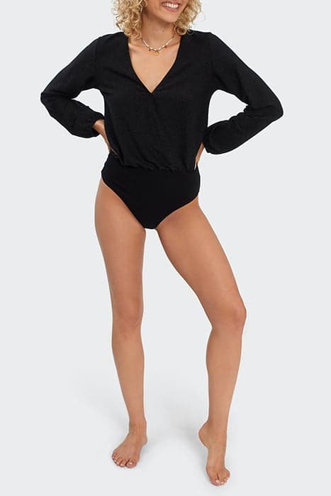 BLACK SHINY KNIT WRAPOVER BODYSUIT by ICODE