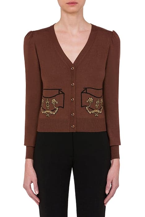 HANDLE WITH CARE WOOL CARDIGAN BROWN by Moschino