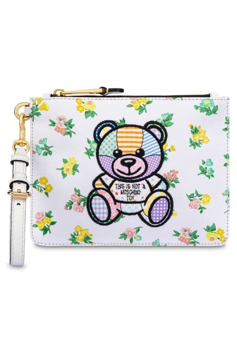 TEDDY PATCHWORK ECO CANVAS CLUTCH WHITE by Moschino