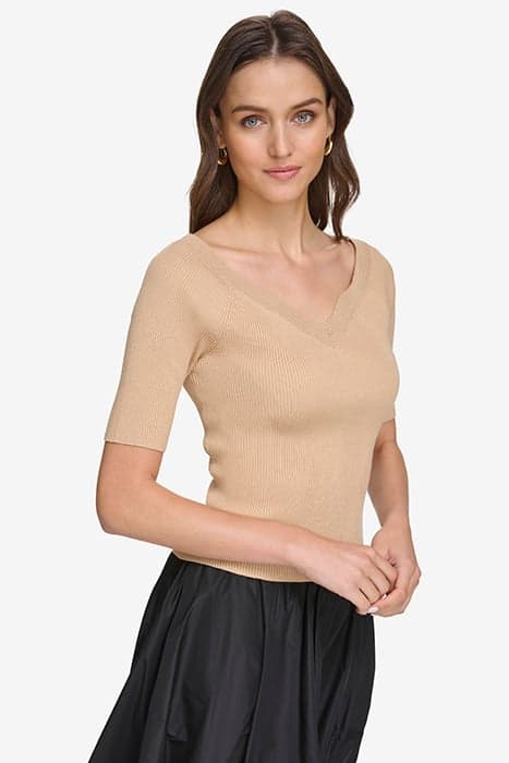 RIBBED V NECK TOP SANDALWOOD by DKNY