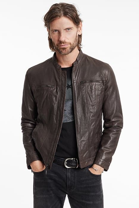 BRANDO BAND COLLAR LEATHER JACKET CHOCOLATE by John Varvatos