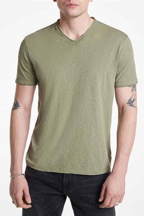 MILES SLUB V-NECK WITH CUT RAW EDGE LICHEN GREEN by John Varvatos