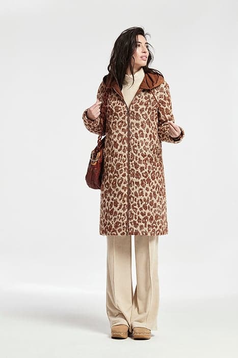 BICOLOR JACQUARD ZIPPER GUREN COAT WITH HOOD BROWN by OKY