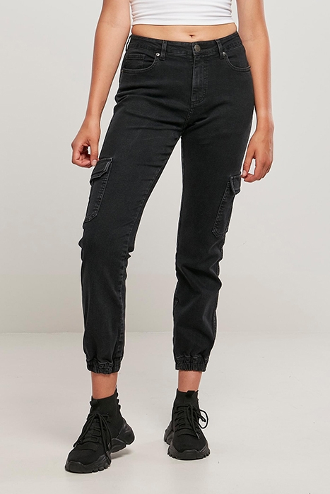 LADIES ORGANIC STRETCH DENIM CARGO PANTS BLACK WASHED 2