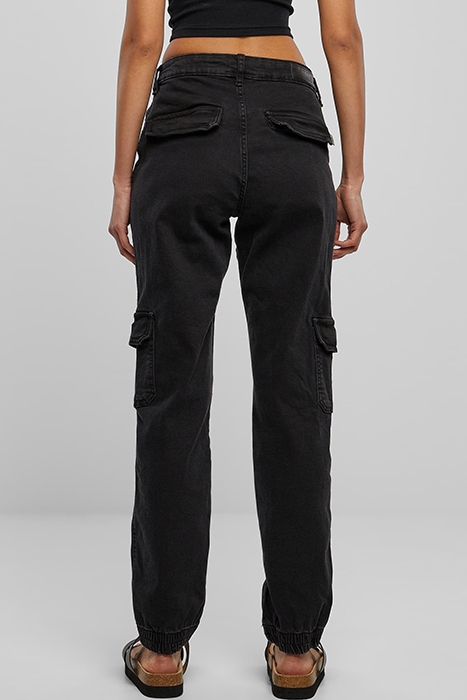 LADIES ORGANIC STRETCH DENIM CARGO PANTS BLACK WASHED 3