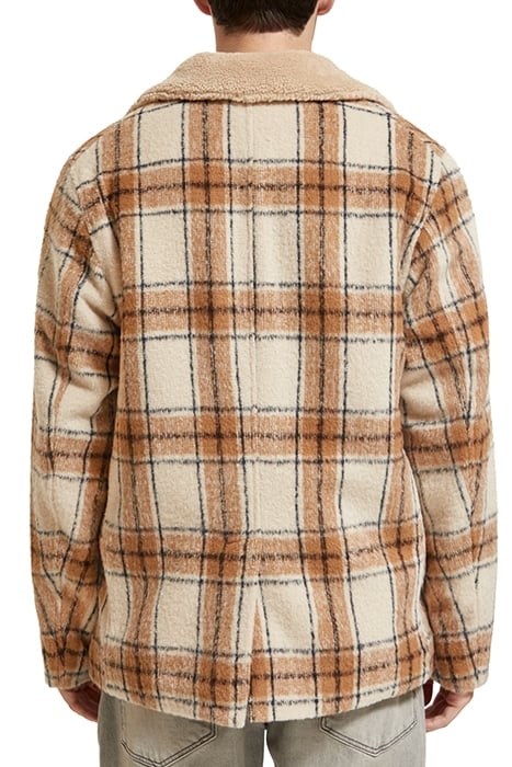 WOOL BLEND TEDDY LINED PEACOAT OFFWHITE CAMEL CHECK 2