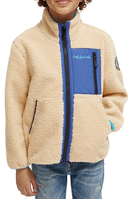 CONTRAST NYLON DETAIL ZIP-THROUGH TEDDY JACKET ECRU 1