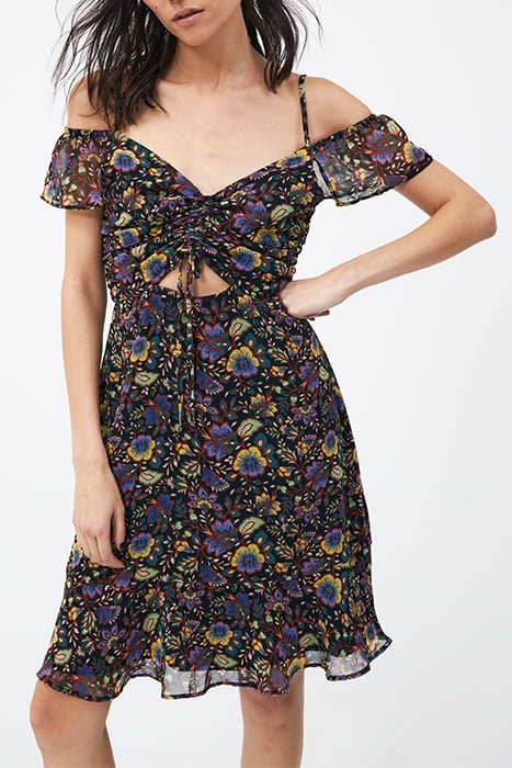 BLACK XL FLOWER PRINT DRESS, ELASTICATED SHOULDERS 1