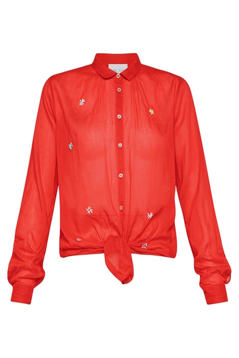 "FLOWER POWER" HAND EMBROIDERED VOILE SHIRT RED 1