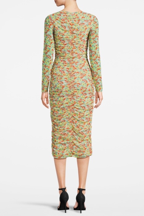 PRINTED MESH RUCHED MIDI DRESS MEADOW CELADON GREEN 2