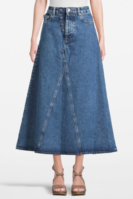OVERDYED CUTLINE DENIM DOUBLE FLY MAXI SKIRT MID BLUE STONE 1
