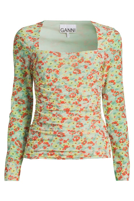 PRINTED MESH RUCHED LONG SLEEVE BLOUSE MEADOW CELADON GREEN 3