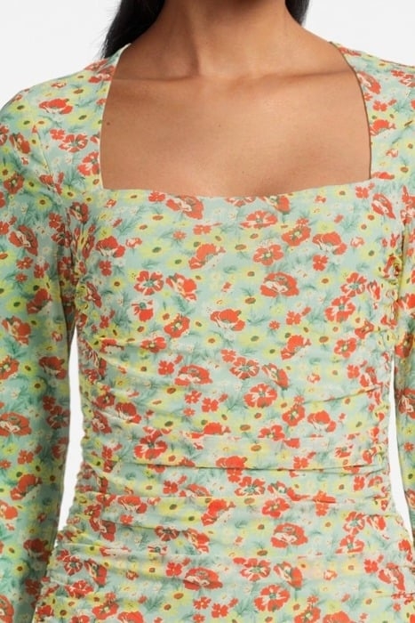 PRINTED MESH RUCHED LONG SLEEVE BLOUSE MEADOW CELADON GREEN 4