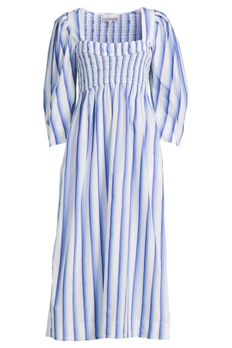 STRIPE COTTON OPEN-NECK SMOCK LONG DRESS SILVER LAKE BLUE 3