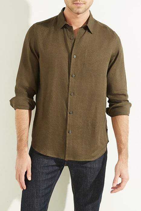 GUESS ECO LS ISLAND LINEN SHIRT GREEN CANTEEN 1