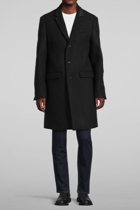 MANTEAU DROIT EN LAINE MÉLANGÉE ET COL EN CUIR BLACK 1