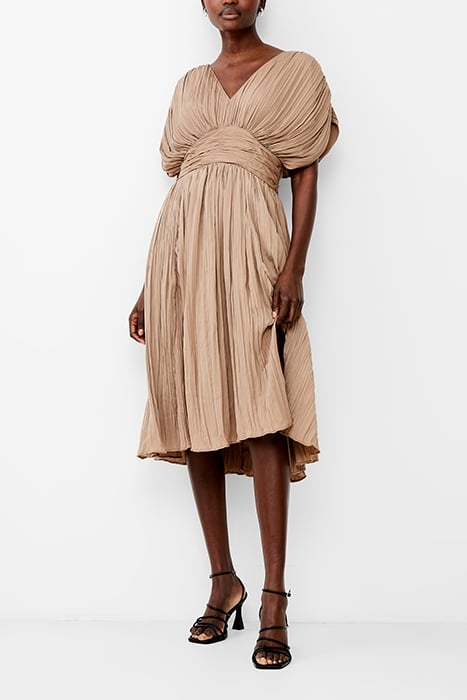 ALTHEA PLEATED V NECK DRESS MOCHA MOUSSE 1