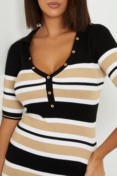 GUESS ECO MAIA SS DRESS SWTR BLACK WHITE TAUPE ST 5