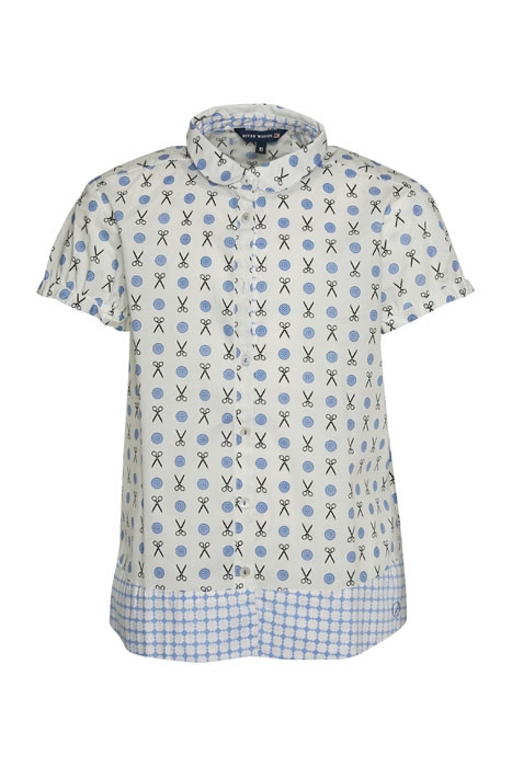 SHIRT SSL PLEAT CB, CONTR. FAB BLUE 1