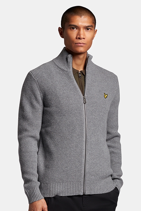 KNITTED RIB ZIP THROUGH CARDIGAN MID GREY MARL 1