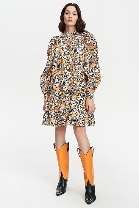 GATHERED VOLANT DRESS WILD PRINT ORANGE 3