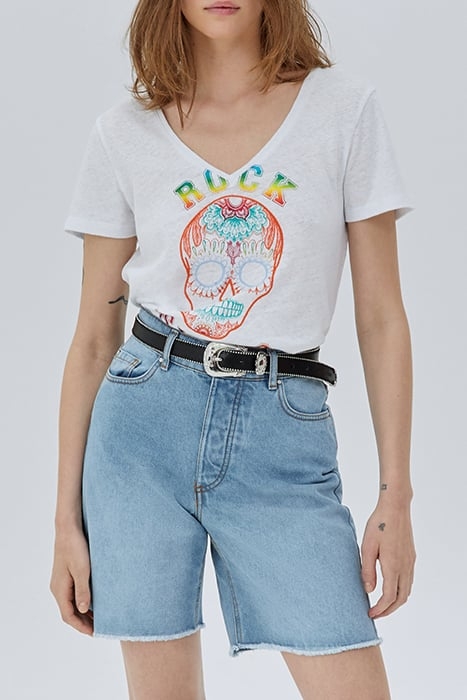 WHITE METALLIC EMBROIDERED SKULL IMAGE T-SHIRT 1