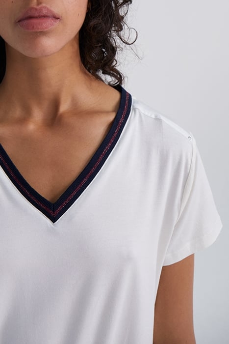 ECRU T-SHIRT WITH NAVY STRIPED RIBBING 5