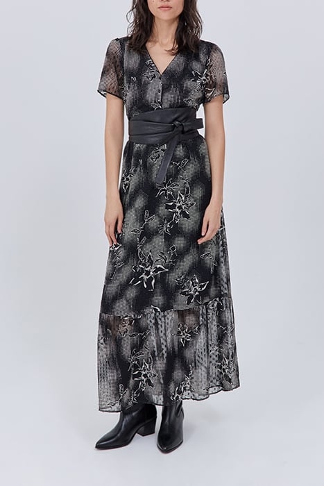 BLACK LONG DRESS WITH ECRU DANDY FLOWER PRINT 1