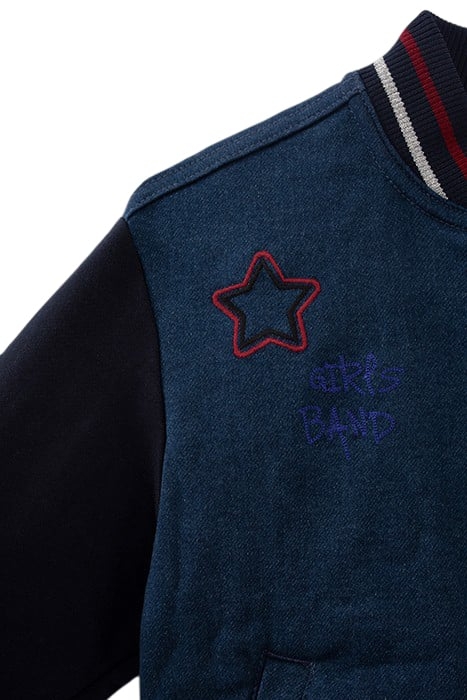 GIRLS’ NAVY DENIM EMBROIDERED MIXED FABRIC BASEBALL JACKET 4