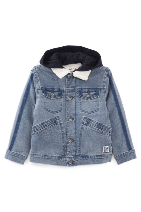 BOYS’ BLUE DENIM SHERPA-LINED JACKET, HOODED FACING 1