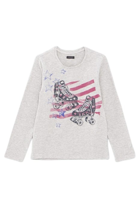 GIRLS’ GREY ROLLER SKATES IMAGE ORGANIC COTTON T-SHIRT 1