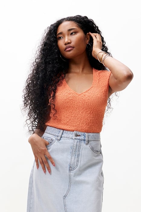 SMOCKED SLIM STRETCH V NECK TOP PAPAYA 1