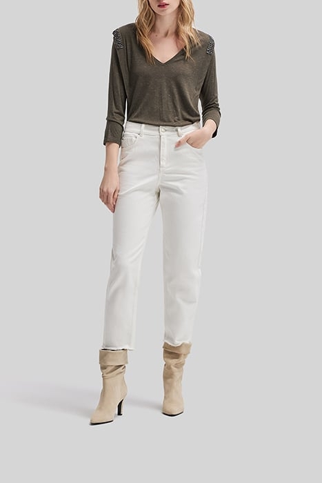 KHAKI V_NECK VISCOSE T_SHIRT WITH RHINESTONES 3