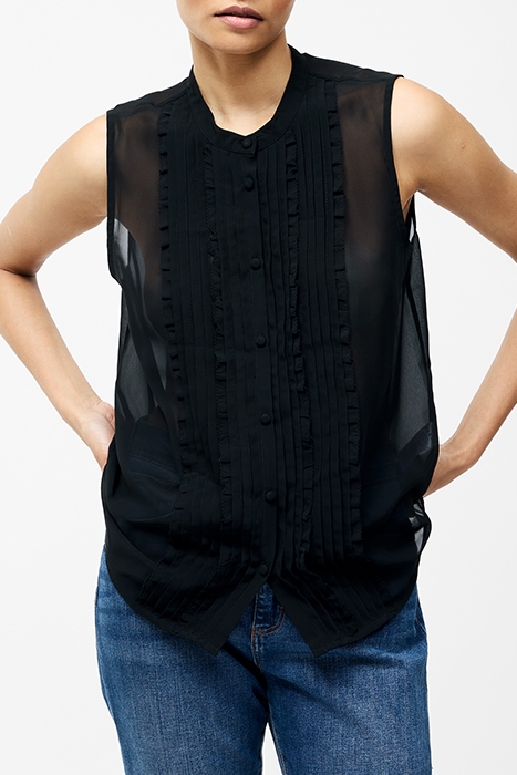FRILL SLEEVELESS HENLEY BUTTON DOWN TANK TOP BLACK 1